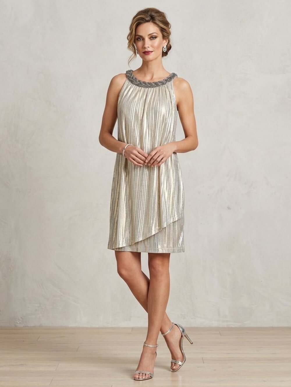 Coldwater Creek Metallic Plisse Cocktail Dress Sleeveless Embellished Neckline